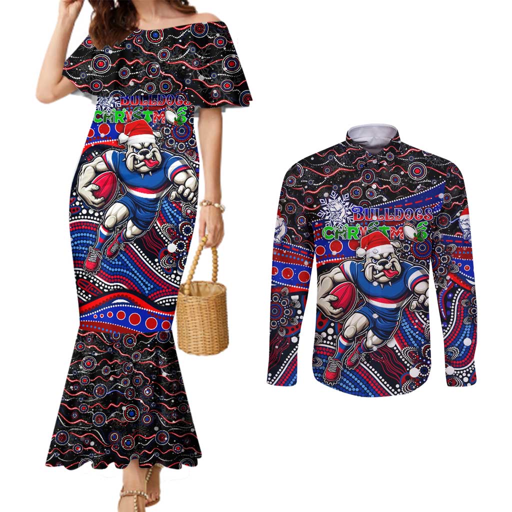 Merry Christmas AFL Bulldogs Couples Matching Mermaid Dress and Long Sleeve Button Shirt Aboriginal Santa Football Mascot