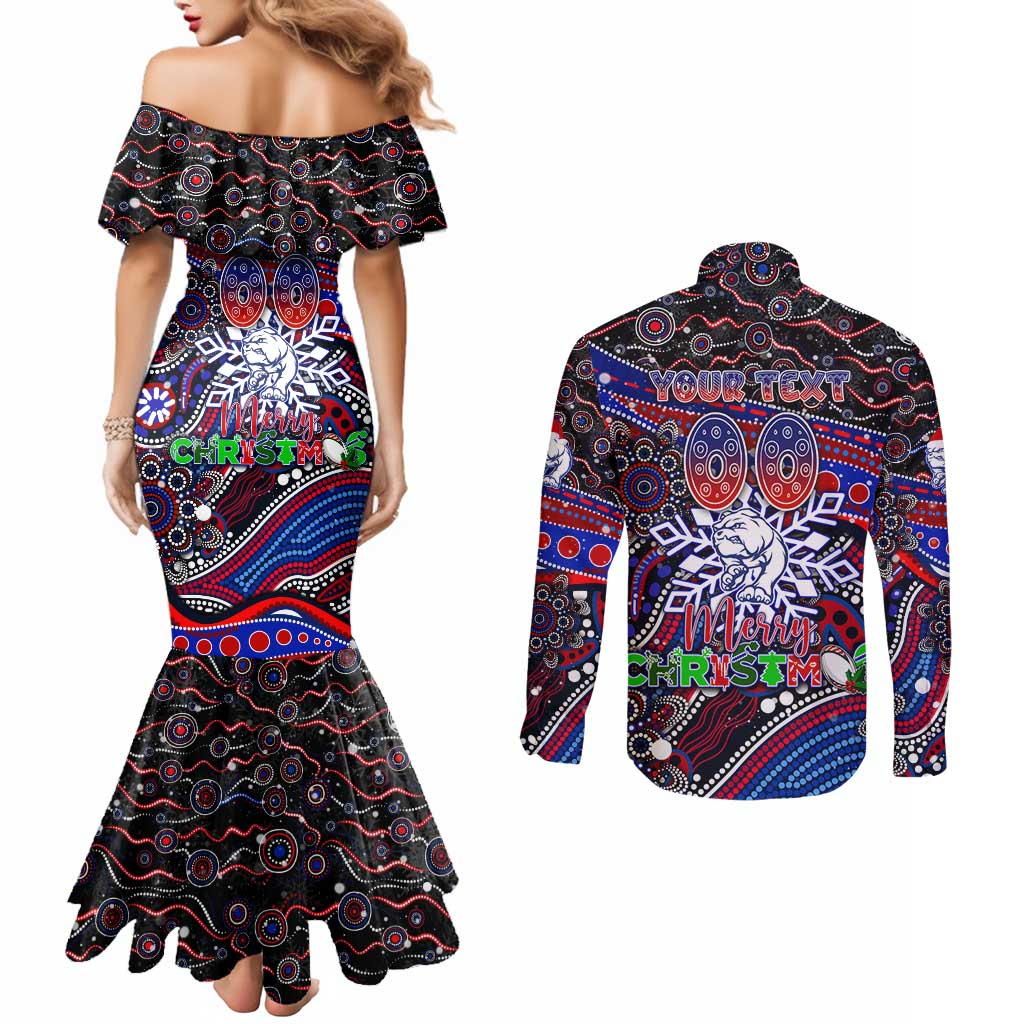 Merry Christmas AFL Bulldogs Couples Matching Mermaid Dress and Long Sleeve Button Shirt Aboriginal Santa Football Mascot