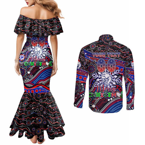 Merry Christmas AFL Bulldogs Couples Matching Mermaid Dress and Long Sleeve Button Shirt Aboriginal Santa Football Mascot