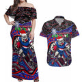 Merry Christmas AFL Bulldogs Couples Matching Off Shoulder Maxi Dress and Hawaiian Shirt Aboriginal Santa Football Mascot