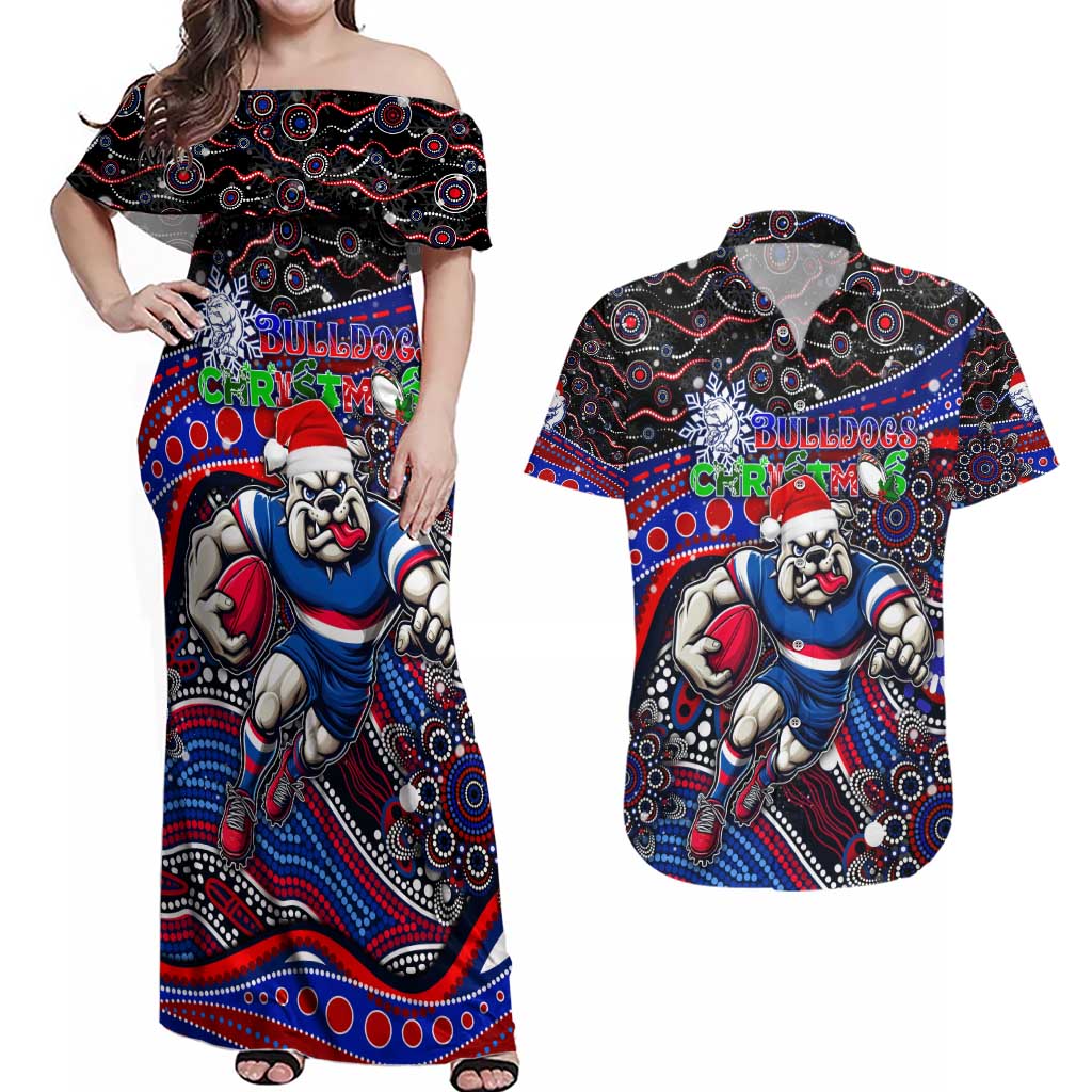 Merry Christmas AFL Bulldogs Couples Matching Off Shoulder Maxi Dress and Hawaiian Shirt Aboriginal Santa Football Mascot