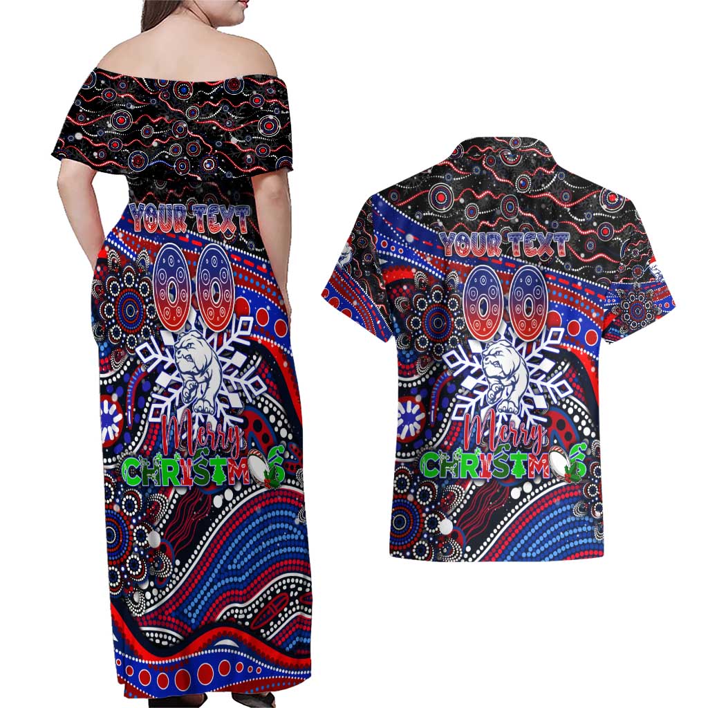 Merry Christmas AFL Bulldogs Couples Matching Off Shoulder Maxi Dress and Hawaiian Shirt Aboriginal Santa Football Mascot
