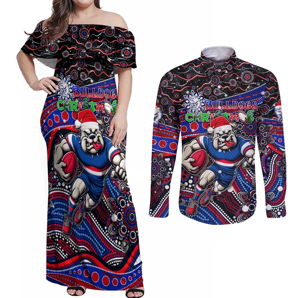 Merry Christmas AFL Bulldogs Couples Matching Off Shoulder Maxi Dress and Long Sleeve Button Shirt Aboriginal Santa Football Mascot