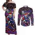 Merry Christmas AFL Bulldogs Couples Matching Off Shoulder Maxi Dress and Long Sleeve Button Shirt Aboriginal Santa Football Mascot
