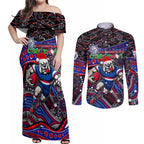 Merry Christmas AFL Bulldogs Couples Matching Off Shoulder Maxi Dress and Long Sleeve Button Shirt Aboriginal Santa Football Mascot