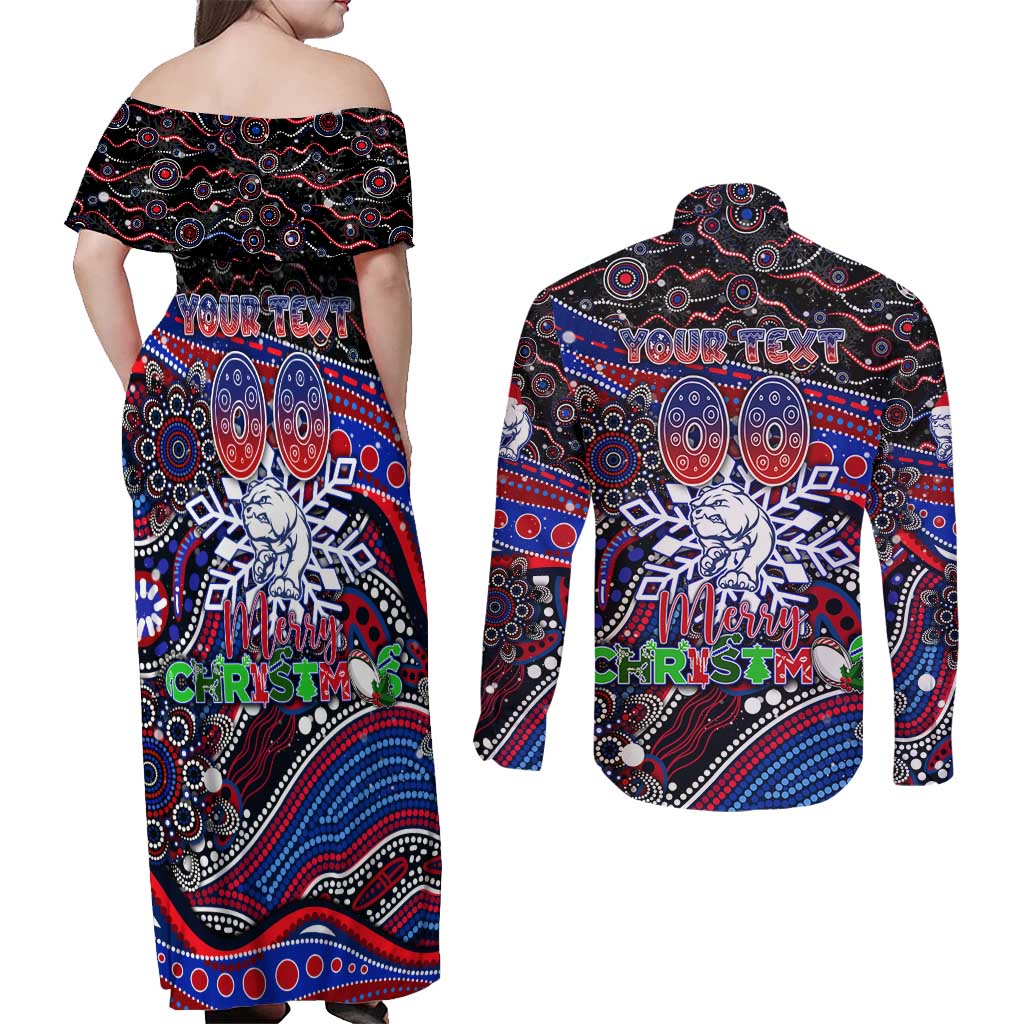 Merry Christmas AFL Bulldogs Couples Matching Off Shoulder Maxi Dress and Long Sleeve Button Shirt Aboriginal Santa Football Mascot