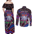 Merry Christmas AFL Bulldogs Couples Matching Off Shoulder Maxi Dress and Long Sleeve Button Shirt Aboriginal Santa Football Mascot