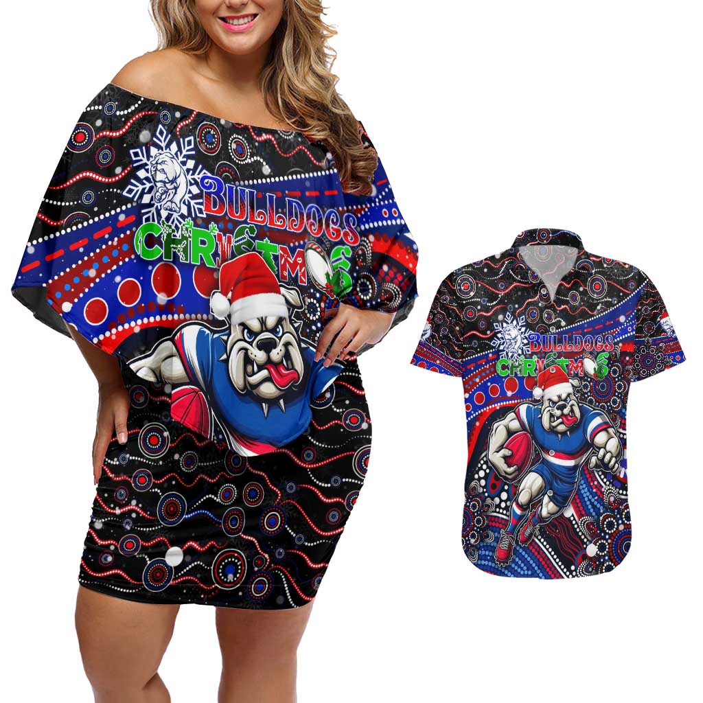 Merry Christmas AFL Bulldogs Couples Matching Off Shoulder Short Dress and Hawaiian Shirt Aboriginal Santa Football Mascot