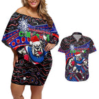 Merry Christmas AFL Bulldogs Couples Matching Off Shoulder Short Dress and Hawaiian Shirt Aboriginal Santa Football Mascot