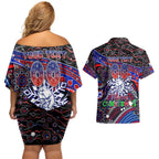 Merry Christmas AFL Bulldogs Couples Matching Off Shoulder Short Dress and Hawaiian Shirt Aboriginal Santa Football Mascot