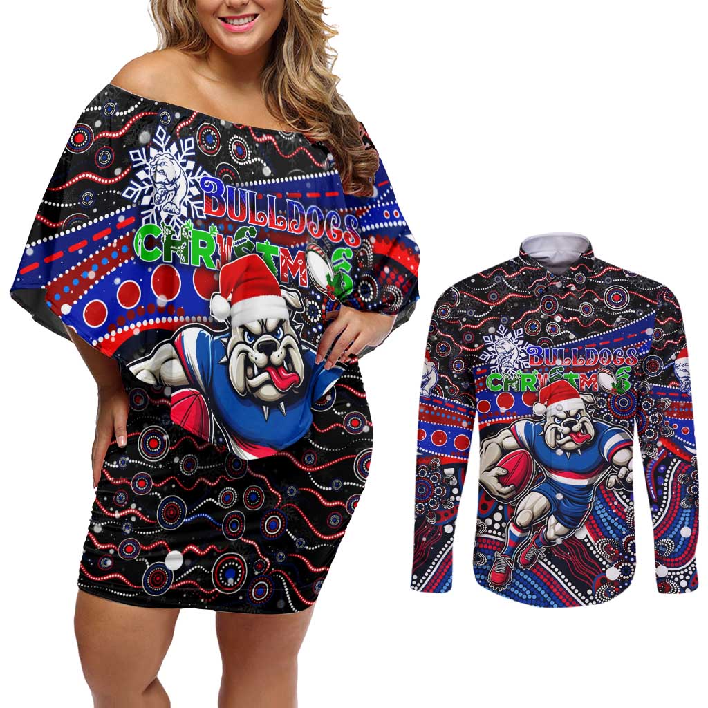 Merry Christmas AFL Bulldogs Couples Matching Off Shoulder Short Dress and Long Sleeve Button Shirt Aboriginal Santa Football Mascot