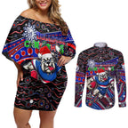 Merry Christmas AFL Bulldogs Couples Matching Off Shoulder Short Dress and Long Sleeve Button Shirt Aboriginal Santa Football Mascot