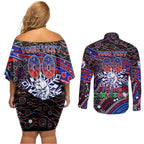 Merry Christmas AFL Bulldogs Couples Matching Off Shoulder Short Dress and Long Sleeve Button Shirt Aboriginal Santa Football Mascot