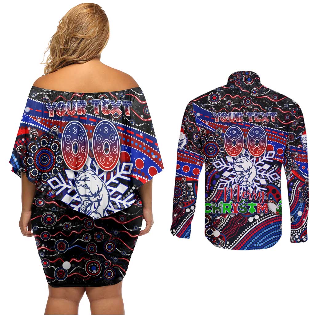 Merry Christmas AFL Bulldogs Couples Matching Off Shoulder Short Dress and Long Sleeve Button Shirt Aboriginal Santa Football Mascot