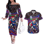 Merry Christmas AFL Bulldogs Couples Matching Off The Shoulder Long Sleeve Dress and Hawaiian Shirt Aboriginal Santa Football Mascot
