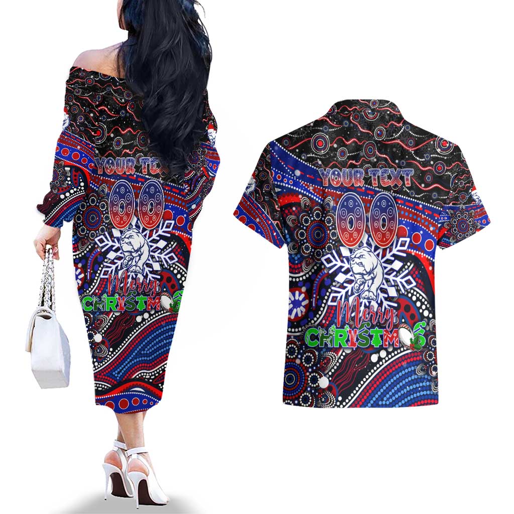 Merry Christmas AFL Bulldogs Couples Matching Off The Shoulder Long Sleeve Dress and Hawaiian Shirt Aboriginal Santa Football Mascot