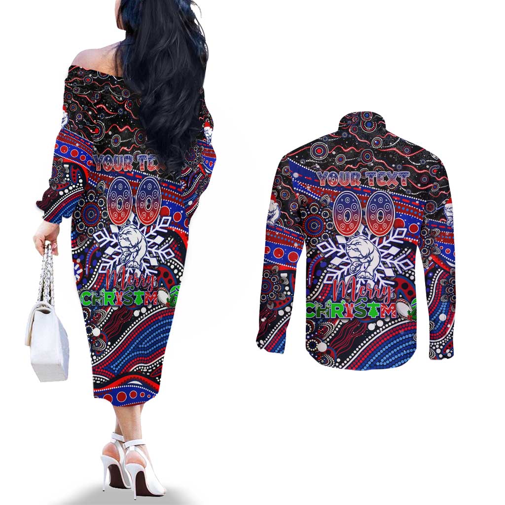 Merry Christmas AFL Bulldogs Couples Matching Off The Shoulder Long Sleeve Dress and Long Sleeve Button Shirt Aboriginal Santa Football Mascot