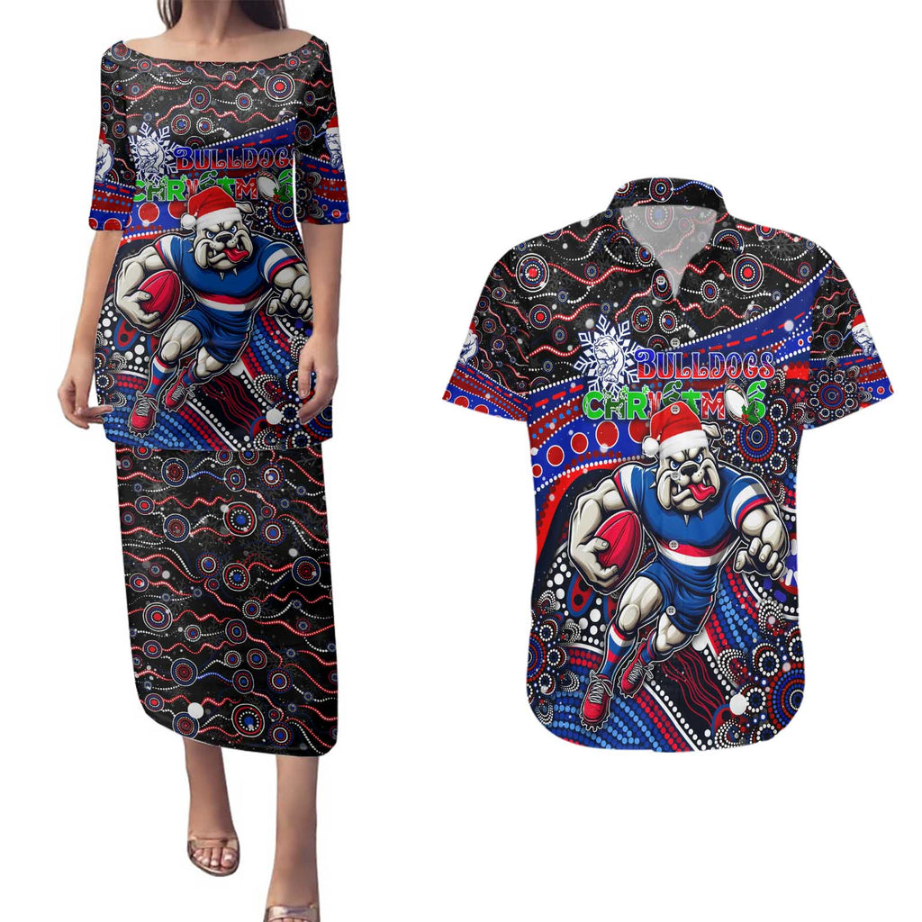 Merry Christmas AFL Bulldogs Couples Matching Puletasi and Hawaiian Shirt Aboriginal Santa Football Mascot