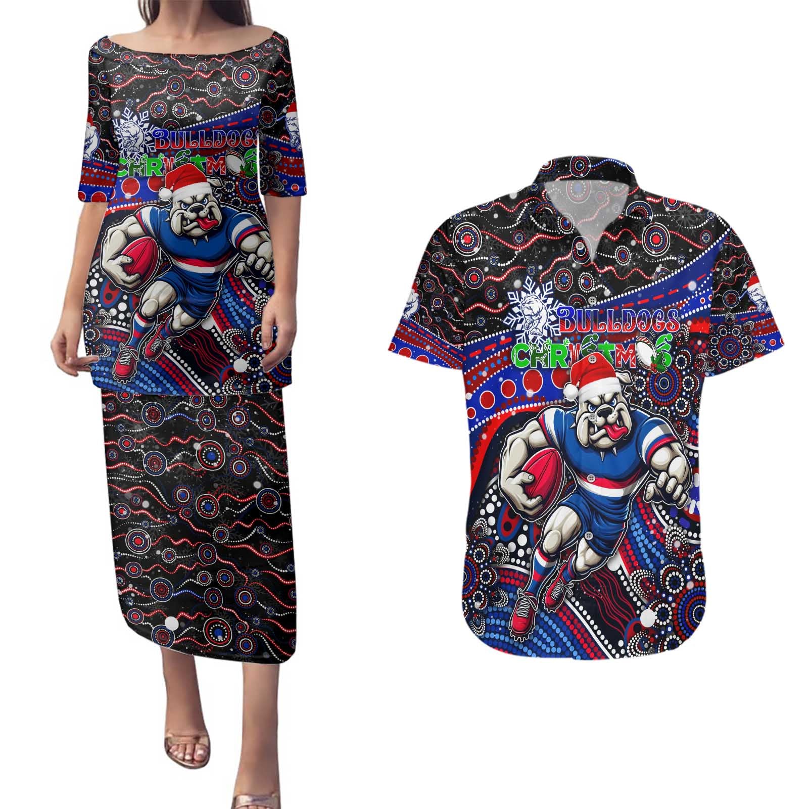 Merry Christmas AFL Bulldogs Couples Matching Puletasi and Hawaiian Shirt Aboriginal Santa Football Mascot