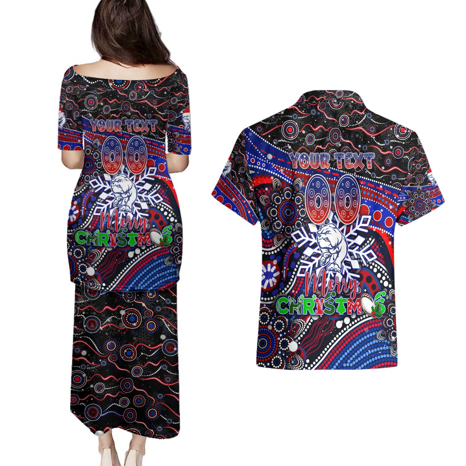 Merry Christmas AFL Bulldogs Couples Matching Puletasi and Hawaiian Shirt Aboriginal Santa Football Mascot