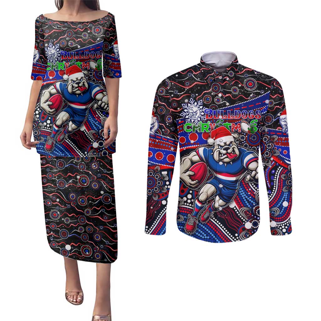 Merry Christmas AFL Bulldogs Couples Matching Puletasi and Long Sleeve Button Shirt Aboriginal Santa Football Mascot