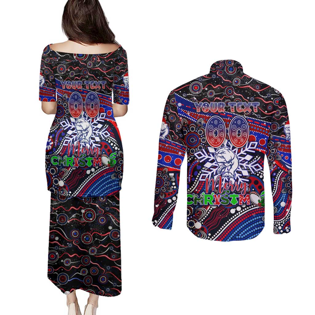 Merry Christmas AFL Bulldogs Couples Matching Puletasi and Long Sleeve Button Shirt Aboriginal Santa Football Mascot