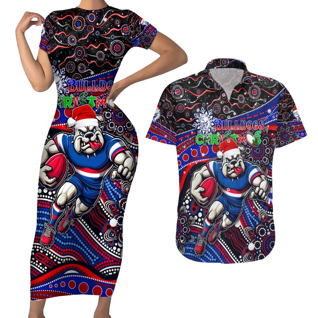 Merry Christmas AFL Bulldogs Couples Matching Short Sleeve Bodycon Dress and Hawaiian Shirt Aboriginal Santa Football Mascot