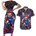 Merry Christmas AFL Bulldogs Couples Matching Short Sleeve Bodycon Dress and Hawaiian Shirt Aboriginal Santa Football Mascot