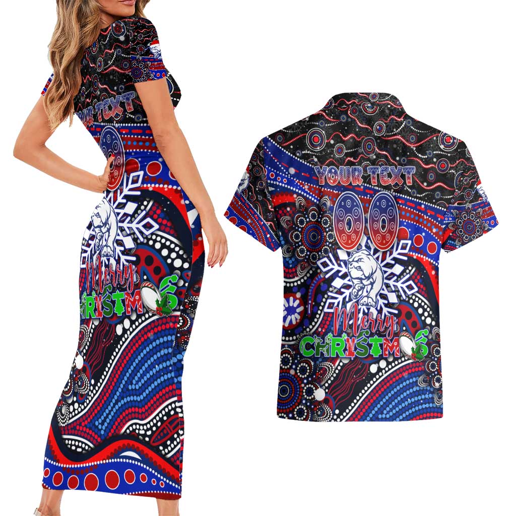 Merry Christmas AFL Bulldogs Couples Matching Short Sleeve Bodycon Dress and Hawaiian Shirt Aboriginal Santa Football Mascot