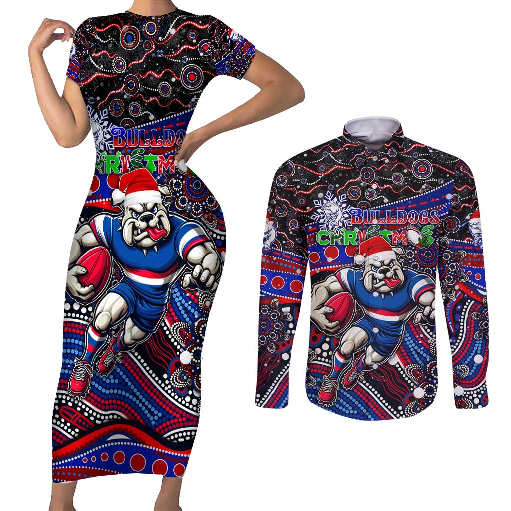 Merry Christmas AFL Bulldogs Couples Matching Short Sleeve Bodycon Dress and Long Sleeve Button Shirt Aboriginal Santa Football Mascot
