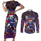 Merry Christmas AFL Bulldogs Couples Matching Short Sleeve Bodycon Dress and Long Sleeve Button Shirt Aboriginal Santa Football Mascot