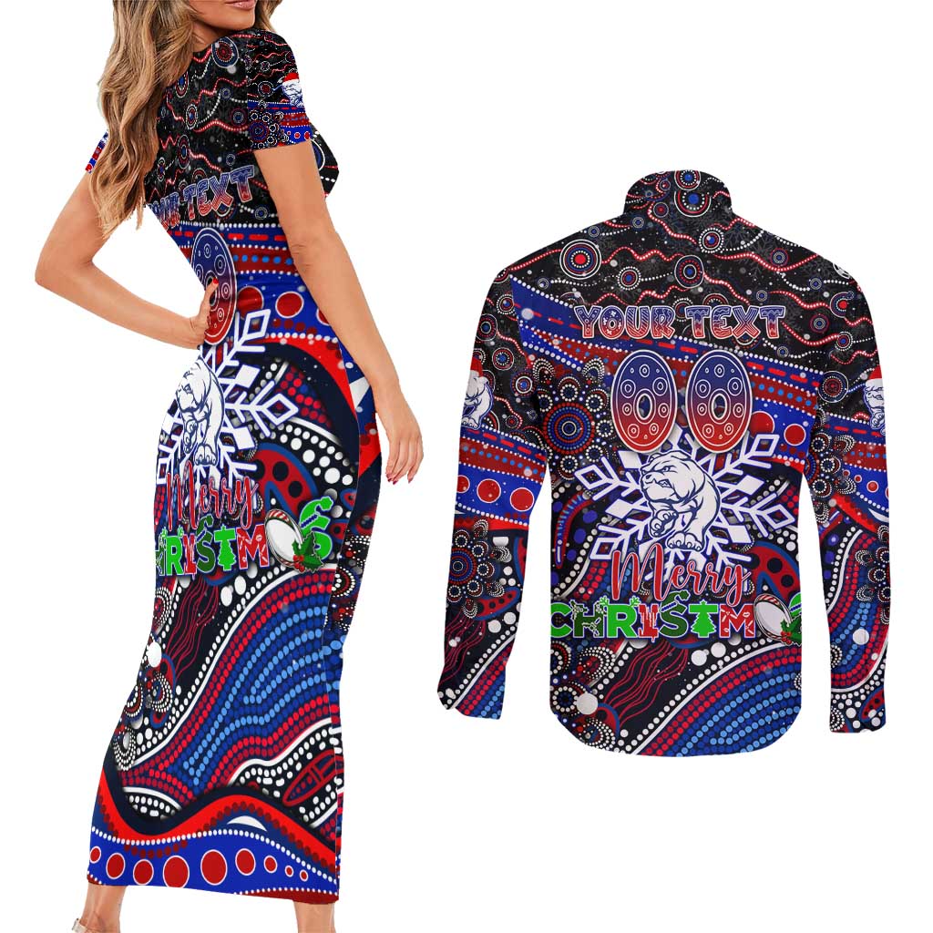 Merry Christmas AFL Bulldogs Couples Matching Short Sleeve Bodycon Dress and Long Sleeve Button Shirt Aboriginal Santa Football Mascot