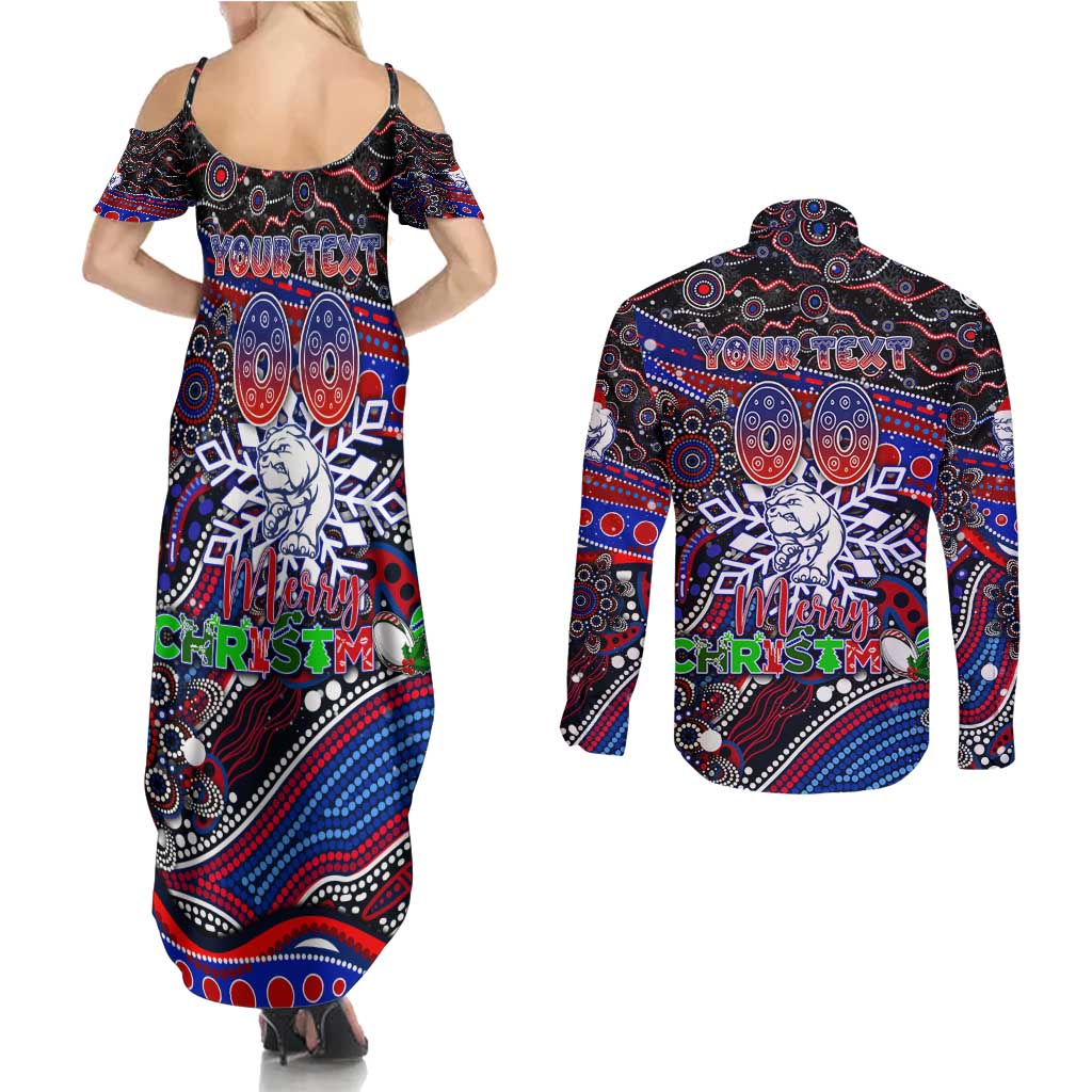 Merry Christmas AFL Bulldogs Couples Matching Summer Maxi Dress and Long Sleeve Button Shirt Aboriginal Santa Football Mascot
