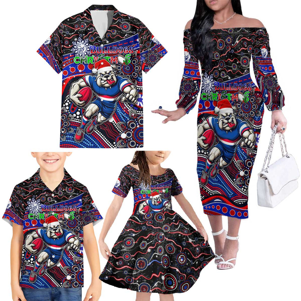 Merry Christmas AFL Bulldogs Family Matching Off The Shoulder Long Sleeve Dress and Hawaiian Shirt Aboriginal Santa Football Mascot