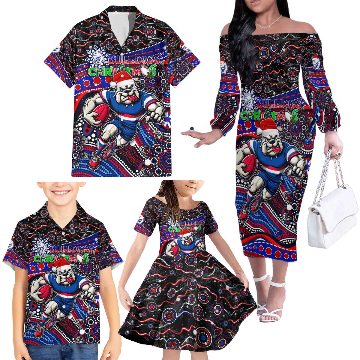 Merry Christmas AFL Bulldogs Family Matching Off The Shoulder Long Sleeve Dress and Hawaiian Shirt Aboriginal Santa Football Mascot