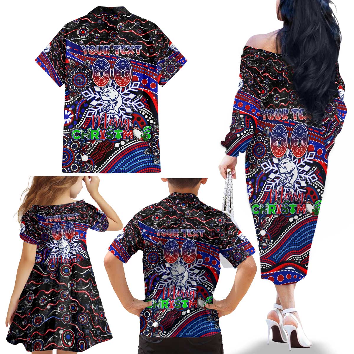 Merry Christmas AFL Bulldogs Family Matching Off The Shoulder Long Sleeve Dress and Hawaiian Shirt Aboriginal Santa Football Mascot
