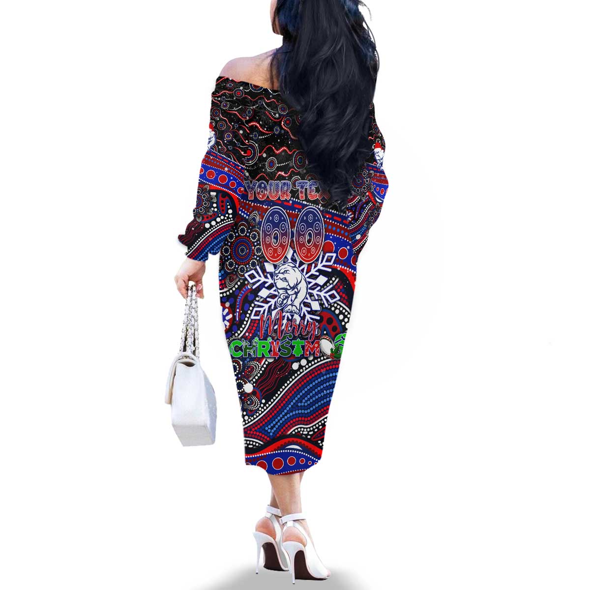 Merry Christmas AFL Bulldogs Family Matching Off The Shoulder Long Sleeve Dress and Hawaiian Shirt Aboriginal Santa Football Mascot