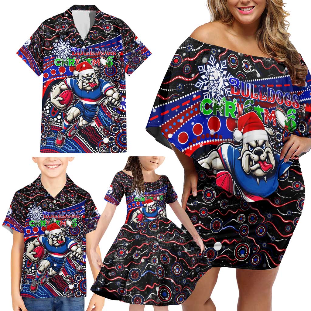 Merry Christmas AFL Bulldogs Family Matching Off Shoulder Short Dress and Hawaiian Shirt Aboriginal Santa Football Mascot