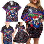 Merry Christmas AFL Bulldogs Family Matching Off Shoulder Short Dress and Hawaiian Shirt Aboriginal Santa Football Mascot