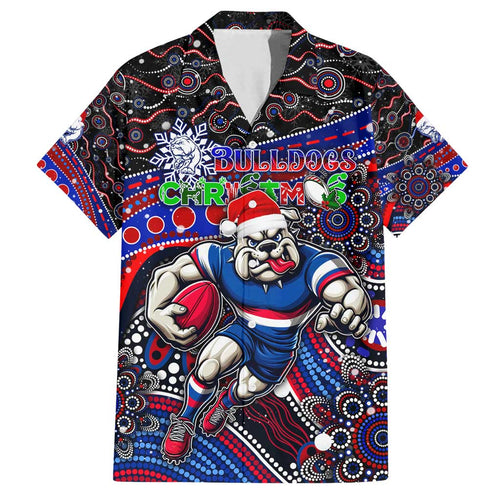 Merry Christmas AFL Bulldogs Family Matching Off Shoulder Short Dress and Hawaiian Shirt Aboriginal Santa Football Mascot