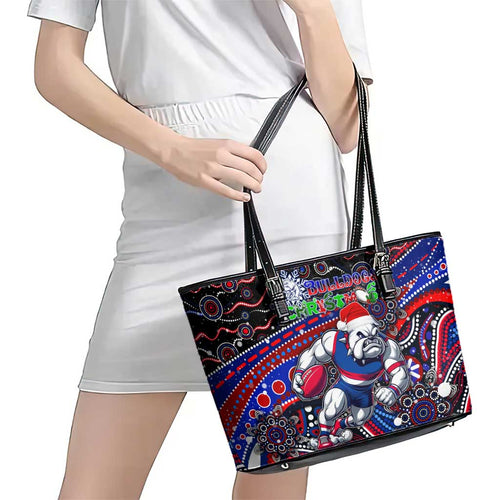 Merry Christmas AFL Bulldogs Leather Tote Bag Aboriginal Santa Football Mascot