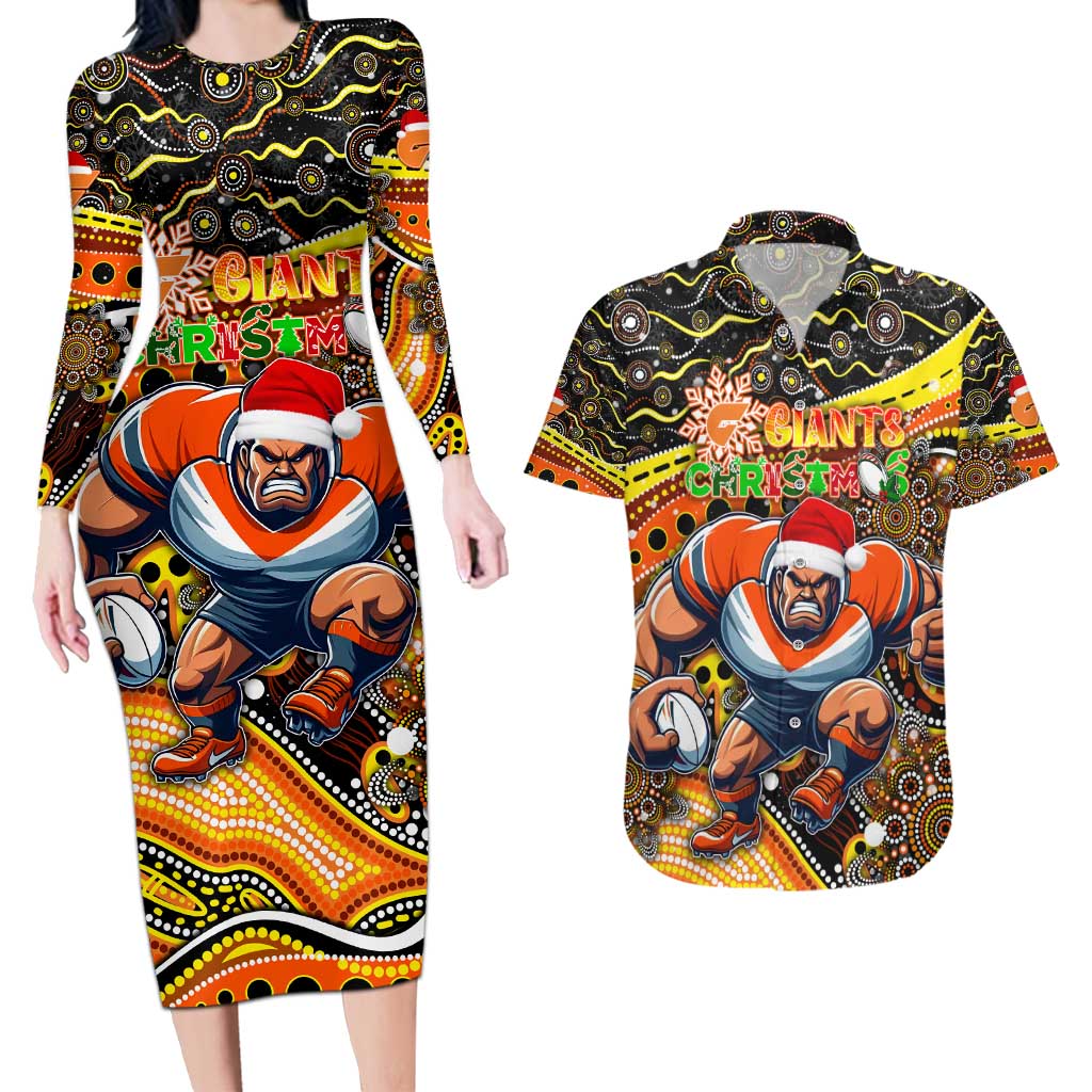 Merry Christmas AFL Giants Couples Matching Long Sleeve Bodycon Dress and Hawaiian Shirt Aboriginal Santa Football Mascot