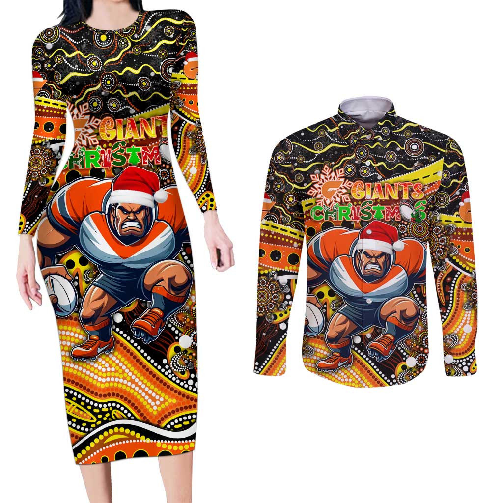 Merry Christmas AFL Giants Couples Matching Long Sleeve Bodycon Dress and Long Sleeve Button Shirt Aboriginal Santa Football Mascot