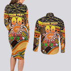 Merry Christmas AFL Giants Couples Matching Long Sleeve Bodycon Dress and Long Sleeve Button Shirt Aboriginal Santa Football Mascot