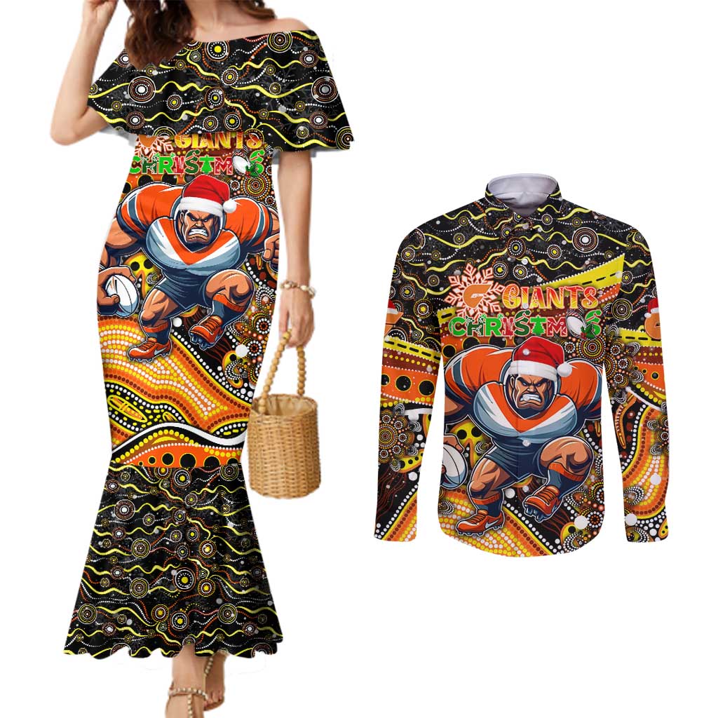Merry Christmas AFL Giants Couples Matching Mermaid Dress and Long Sleeve Button Shirt Aboriginal Santa Football Mascot