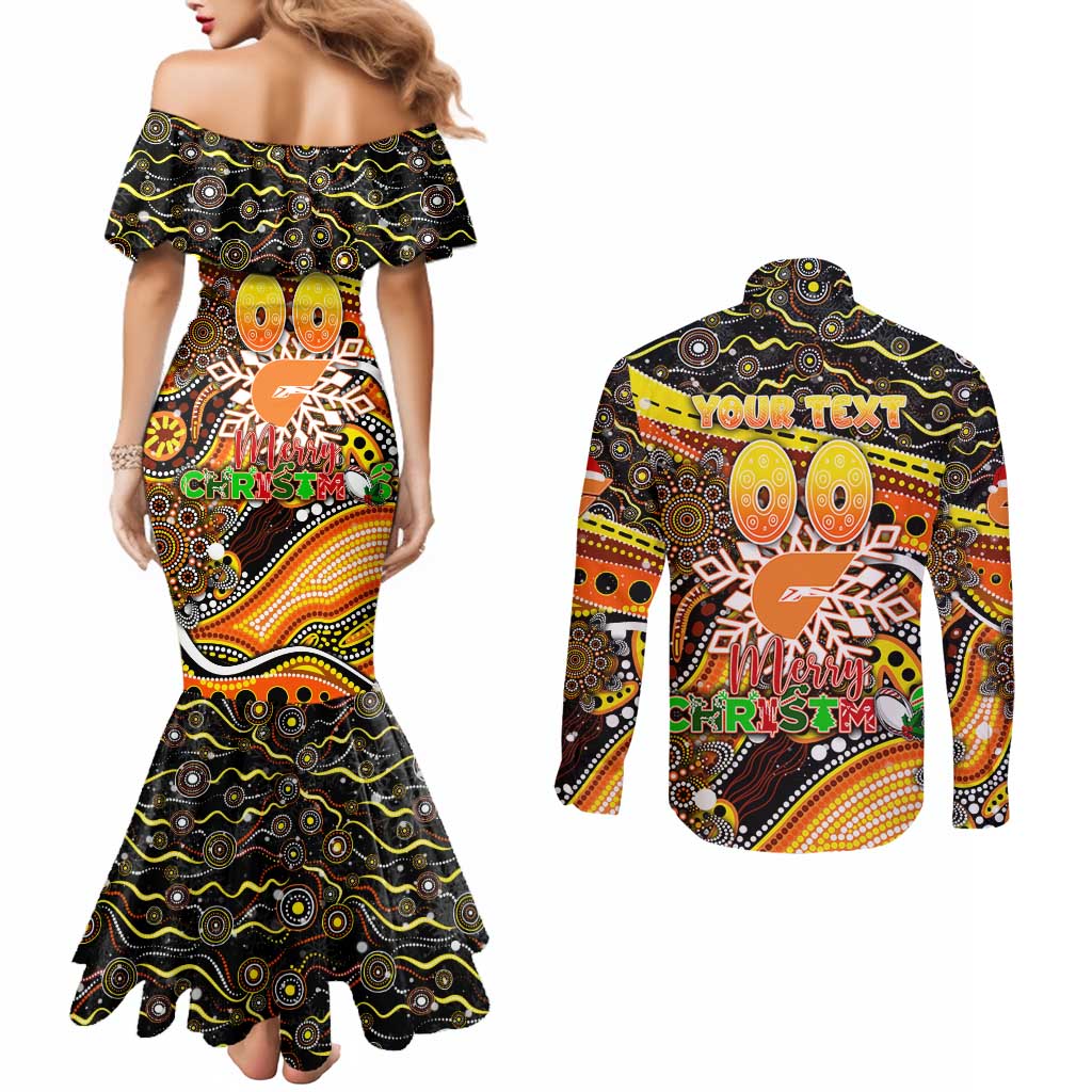 Merry Christmas AFL Giants Couples Matching Mermaid Dress and Long Sleeve Button Shirt Aboriginal Santa Football Mascot