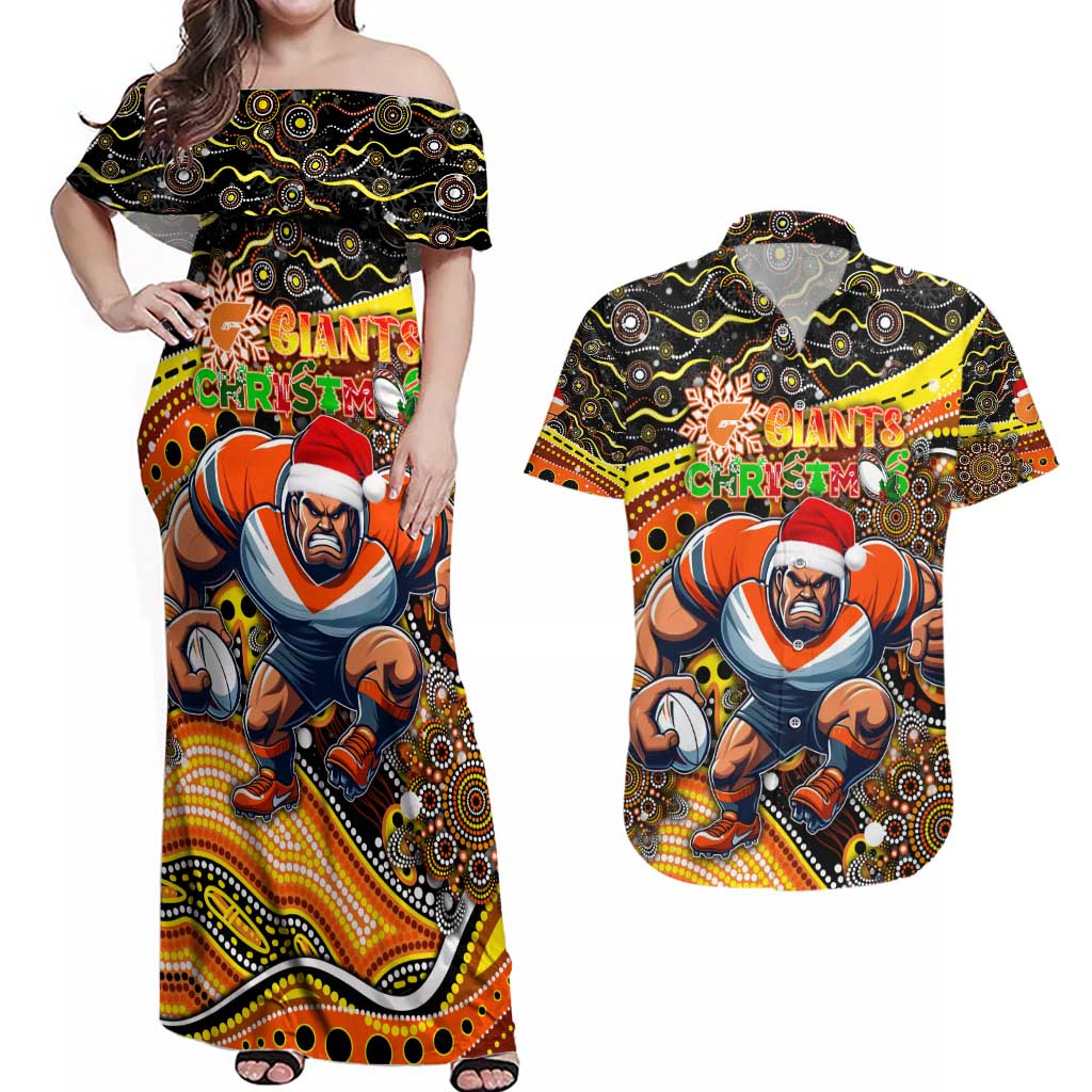 Merry Christmas AFL Giants Couples Matching Off Shoulder Maxi Dress and Hawaiian Shirt Aboriginal Santa Football Mascot