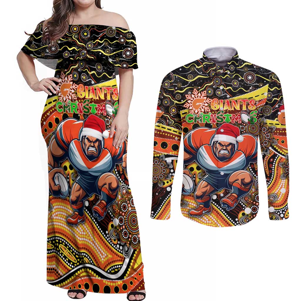 Merry Christmas AFL Giants Couples Matching Off Shoulder Maxi Dress and Long Sleeve Button Shirt Aboriginal Santa Football Mascot