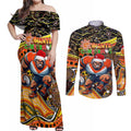 Merry Christmas AFL Giants Couples Matching Off Shoulder Maxi Dress and Long Sleeve Button Shirt Aboriginal Santa Football Mascot