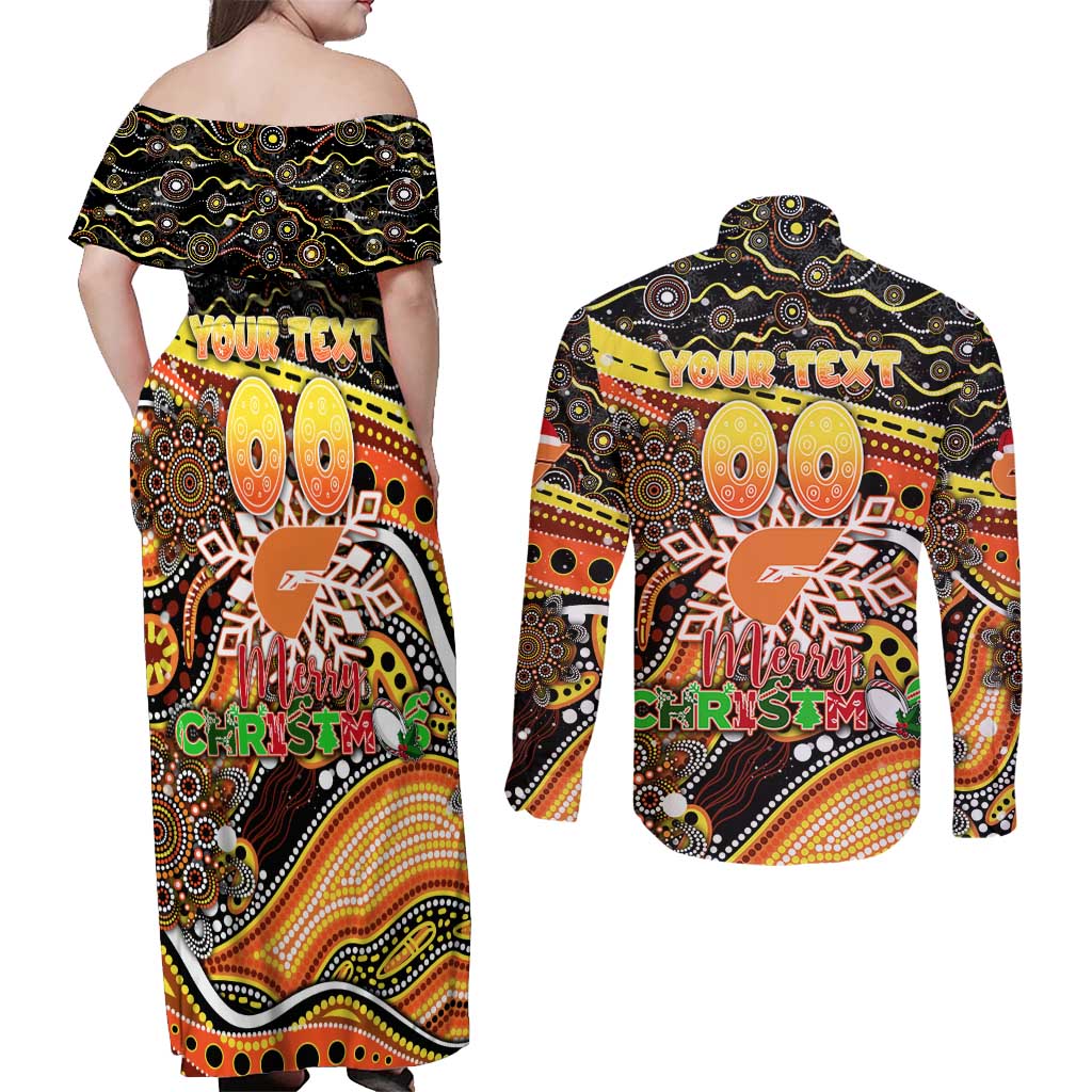 Merry Christmas AFL Giants Couples Matching Off Shoulder Maxi Dress and Long Sleeve Button Shirt Aboriginal Santa Football Mascot